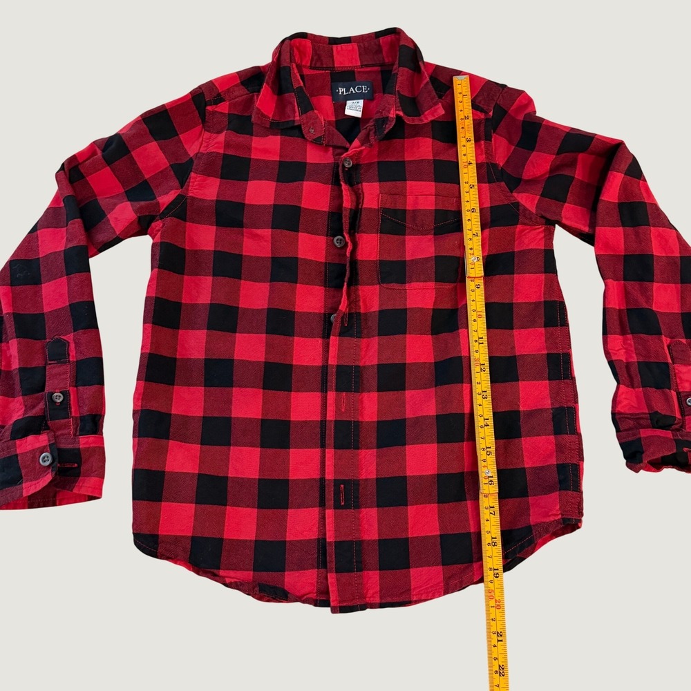 The Childrens Place Boys Buffalo Plaid Flannel Button Down Shirt Red Black 7/8 - Picture 4 of 5